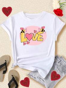 Camiseta casual de mujer con estampado romántico de San Valentín, cómoda camiseta de cuello redondo de manga corta, adecuada para usar en primavera y verano, regalo de San Valentín y atuendo de invierno, adecuada para cualquier ocasión, color sólido, estilo casual, reuniones familiares, uso diario. - Blanco - Ver 1