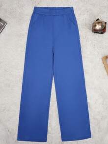 高腰弹力隐形弹力斜口袋阔腿修身正装裤工作商务飘逸长裤 - 藍色 - 查看 2