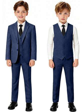 Boys Suits 3-Piecec Suit Set Toddler Tuxedos Dresswear Ring Bearer Outfit Wedding Blazer Vest Pants Formal Suits For Kids Navy Blue Birthday Wedding Graduation Wedding Guest Pageboy Autumn/Winter Size 6-14Y