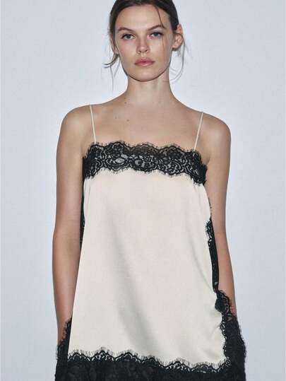 Camisola De Encaje Sin Mangas Para Mujer, Con Ribete De Encaje Negro Y Borde Festoneado, Corte Entallado, Para Verano, Informal, Para Salir, Fiesta, Club, Playa, Moda