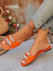 Giày sandal quai ngang đính đinh tán thời trang, mũi vuông, kiểu dáng slip-on dành cho thanh thiếu niên, mùa hè. - trái cam - Xem 2