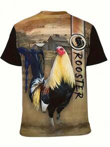 Men'S 3D Printed Rooster Graphic T-Shirt - Vibrant Full-Body Artistic Design, Breathable Round Neck Short Sleeve, Summer Casual Wear, Machine Washable Holiday Gift, Rooster Shirt, Relaxed Outing Attire, Vivid Color Tee - 混合色 - 查看 4