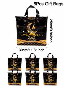 6个装大号开斋节塑料手提袋，星月图案可重复使用礼品袋/购物袋，黑色金色派对礼品袋，2026年斋月家居装饰，开斋节礼品包装袋，零售购物袋，小型企业用品，阿拉伯节日，伊斯兰节日 - 黑金 - 查看 12