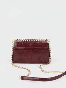 复古菱格纹酒红色PU方包，现代简约奢华风格女士单肩包，饰以刺绣线和金属链，拉链封口，适合日常购物和休闲穿着 - 酒紅色 - 查看 2