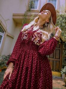 Rusttydustty 波西米亚风黑色雪纺波点刺绣V领系带优雅女士长裙，适合海滩度假、音乐节等春季穿着 - 酒紅色 - 查看 5