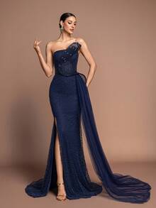 Women's Mermaid Party Dress, Decorated With Pearls, High Slit Design, Elegant One-Shoulder Sleeveless Style, Strapless Graceful Dress