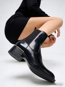 Women Black Patent Chelsea Boots Gold Trim Chunky Heel Elastic Ankle Fashion Party Boots - Black - View 9