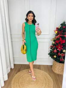 Midi Dress With Wide Straps, Front Zipper, And Structured Stitching. Suitable For Holidays, Vacations, And Evenings. - 綠色 - 查看 3