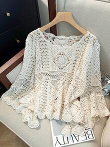 JIANHU Boho Dream Crochet Lace Kimono With 3D Geometric Floral Pattern And Wavy Fringe Hem Featuring Oversized Off Shoulder Design Perfect For Beach Holidays And Cafe Outings Summer - Apricot - View 2