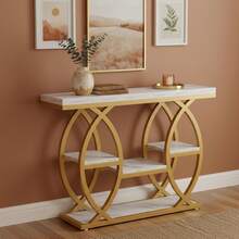 LITTLE TREE Space-Saving 39.4 Inch Console Table, Industrial 4-Tier Narrow Table With Storage For Hallway & Foyer, White And Gold Metal Frame Accent Piece For Small Spaces - Gold - View 1
