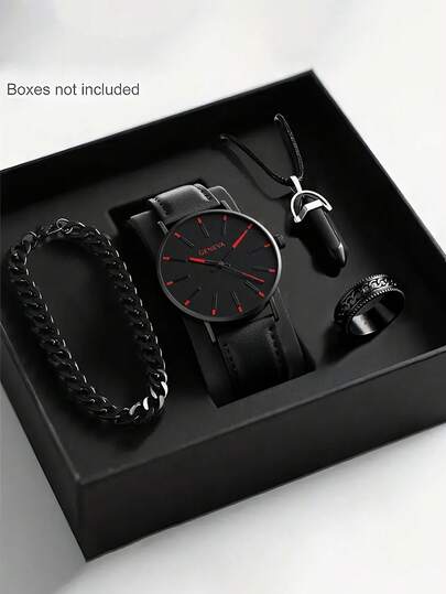 4/1pc Men's Fashionable Business Casual Pointer Quartz Watch, Suitable For Men To Wear, Equipped With Fashionable Bracelets, Pendant Necklaces, And Ring Sets, Suitable For Men's Birthday/Holiday Gifts, Very Suitable For Daily Life Such As Returning To School, Parties, And Travel. Birthday Gifts, Graduation Season, Christmas, Gifts For Family And Friends
