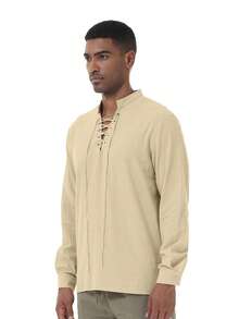 Medieval Inspired Drawstring Long Sleeve Shirt For Men, Viking Costume - Khaki - View 3