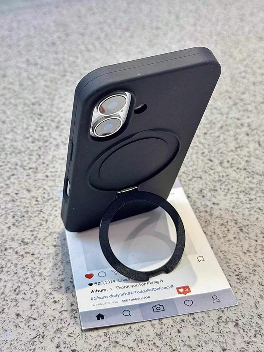 1pc Luxury Liquid Silicone Matte Invisible Ring Holder Stand Case For IPhone17Promax 16 15 14 13 12 11 Pro Plus Max Wireless Charge - Black - View 1