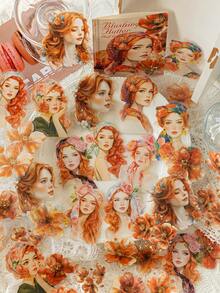 40pcs/Pack Vintage Floral & Girl Cartoon Winter Outfit Landscape Collage PET Sticker Pack, Cute Girl, Floral, Scrapbooking, Diary Decor, Waterproof Stickers, Stationery Supplies Scrapbook Supplies Funny Stickers Laptop Stickers Kindle Phone Stickers - Multicolor - View 3