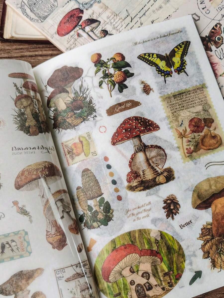 1 tập gồm 20 tờ sticker trang trí hình cây, hoa, nấm phong cách cổ điển dùng để tự làm sổ lưu niệm. - Nhiều màu - Xem 1