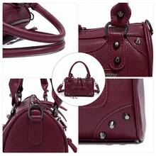 Bolso de mujer de gran capacidad de estilo mecánico vintage punk de piel de PU para la oficina, con asa de hombro y bandolera - Burdeos - Ver 8