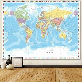 1 pieza Mapa mural del mundo sin marco Collins - Continentes codificados por color con etiquetas de países, póster educativo y decorativo para el hogar, la oficina y el aula, impresión de alta calidad de referencia geográfica y arte