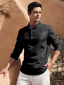 Camisa de Manga Larga Hombres Casual y Transpirable, Camisa de Hombre de Manga Larga Para Casual Diario de Trabajo - Negro - Ver 3