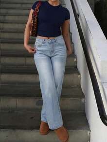 Women's High Waisted Light Blue Wide Leg Jeans Casual Street Style All Season - Blue - View 2