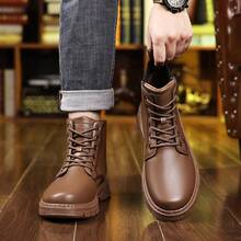 [Special Offer] Men's Faux Leather Mid-Top Combat Boots - Lace-Up Design, Elastic Side Panel & Chunky Lug Sole, Durable Casual Footwear For Daily Wear, Outdoor & Fall/Winter Seasons - 棕色 - 查看 5