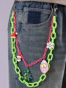 1件装时尚新款嘻哈百搭双层彩色亚克力裤链，圣诞元素吊坠配饰，迪斯科酷女孩马卡龙色裤链 - 嘻哈腰带链挂件