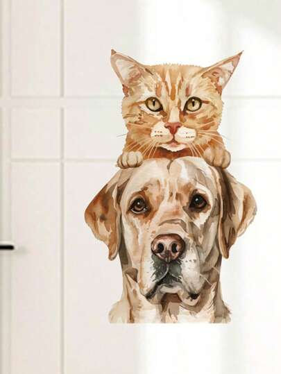 可爱猫狗暖色调墙贴，可移除PVC材质，适用于卧室、客厅、玄关等，美化家居装饰贴纸