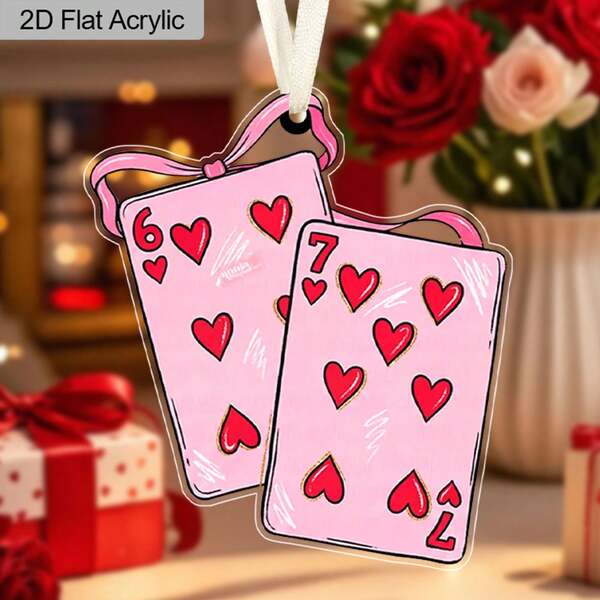 1pc Valentine's Day Pink Playing Card Shape Number 67 Milky White Rope Transparent Acrylic Ornament, Girlfriend Gift, Wife Gift, Anniversary Acrylic Keepsake Gift For Lover Hanging Decoration Outdoor Room Pendants