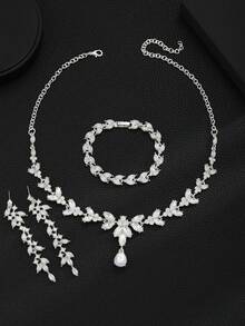 4-Piece/Set Luxury Rhinestone Bridesmaid Jewelry Set, Elegant And Fashionable Horse Eye Pointed Rhinestone Leaf Necklace Pendant Earring Bracelet Set, Suitable For Weddings, Banquets, Dances And Other Occasions - 白色 - 查看 3