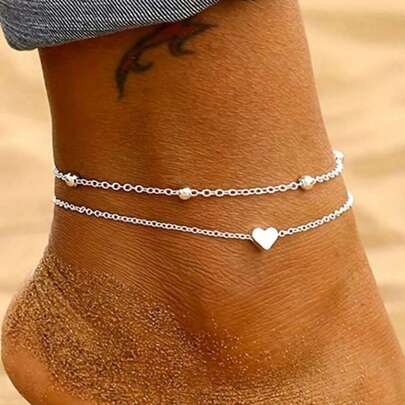 European And American Style Alloy Heart Double-Layer Anklet, Women's Niche Design, Versatile Anklet For Beach And Commuting.