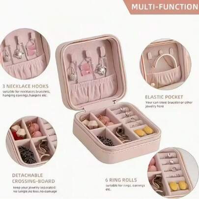 Mini bärbar smyckeskrin - PU-dragkedja för reseförvaring, med mjuk, kompakt rektangulär låda, lämplig för halsband, örhängen, ringar - elegant skrivbordsförvaringslåda, alla hjärtans dag-present, smyckeskrin, viktigt resetillbehör, smyckeförvaring/organisatör för kvinnor, bagageväska för olika typer av bagage
