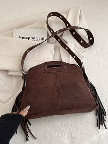 Túi xách tua rua thiết kế độc đáo mới 2025, Túi tote thời trang đa năng cá nhân hóa, Túi đeo chéo vai đi làm thông thường - Cà phê - Xem 6