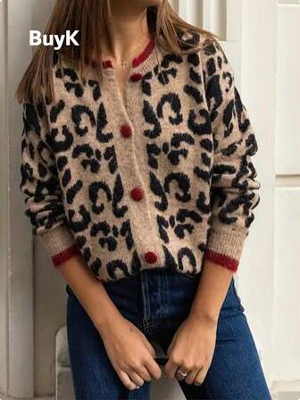 BuyK Cárdigan holgado de punto jacquard con estampado de leopardo vintage para mujer, invierno
