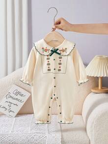 Baby Girls' Cute Embroidered Floral Romper With Peter Pan Collar, Long Sleeve - Apricot - View 1