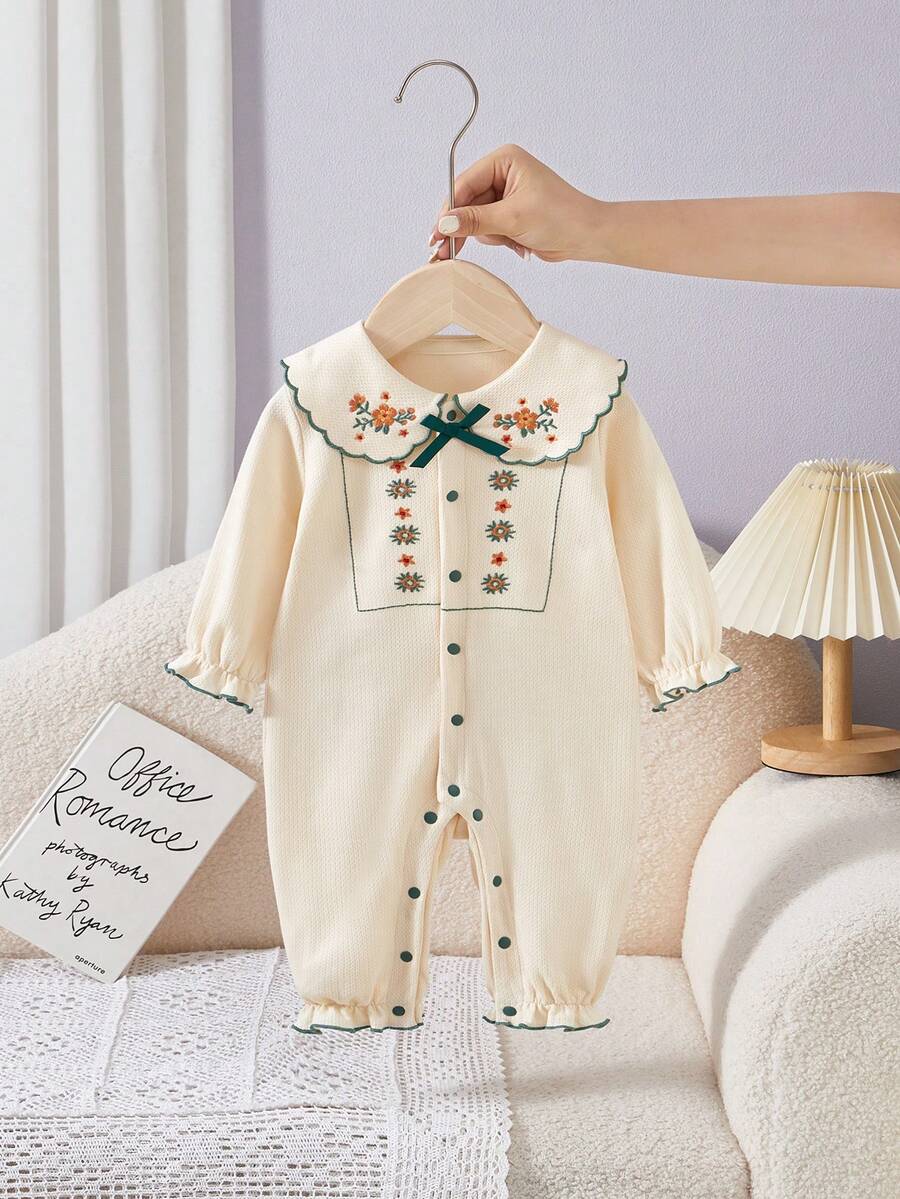 Baby Girls' Cute Embroidered Floral Romper With Peter Pan Collar, Long Sleeve - Apricot - View 1