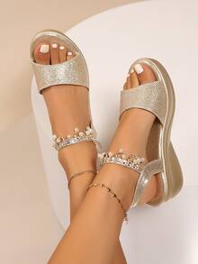 Giày cao gót đế xuồng đính đá Rhinestone dành cho nữ, Giày cao gót thường ngày mùa hè, Không thấm nước, Cỡ lớn - Vàng - Xem 4
