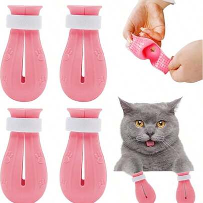 4pcs Cat Boots, Paw Covers, Anti-Scratch Silicone Boots, Cat Grooming Gloves, Suitable For Bathing, Nail Trimming, Ear Cleaning And More
