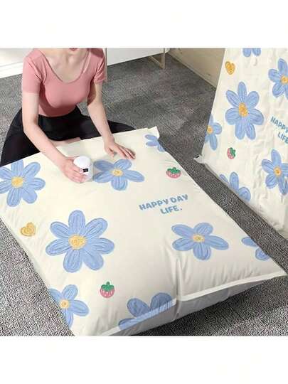 4pcs Floral Pattern Vacuum Storage Bags, Large Capacity Space Saving Compression Sealed Bags, Suitable For Storing Comforters, Pillows, Blankets, Bedding, Clothes, Quilts, Sheets, Airtight Moisture-Proof Dust-Proof, Plastic Material, Zipper Closure, 80% Volume Increase