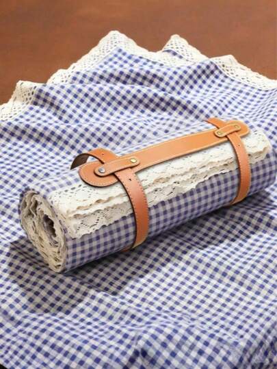 1pc Waterproof Charming Red & White Plaid Rectangular Picnic Blanket - Woven Rayon Tablecloth With Lace Trim, Foldable Double-Layer Sand-Proof Beach Mat With Strap, Suitable For Camping, Beach, Outdoor Photography Background, Picnic Accessories