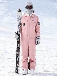 1件中性款連身式滑雪服，工裝風，寬鬆落肩設計，側開衩下擺，粉色運動風 - 粉色 - 查看 7