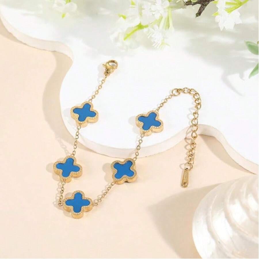 Gold Plated Jewelry Bracelet For Women Van Cleef Non Tarnish Bracelet Charm Flower Bracelet For Women  Blue-YRSH012 - 藍色 - 查看 1