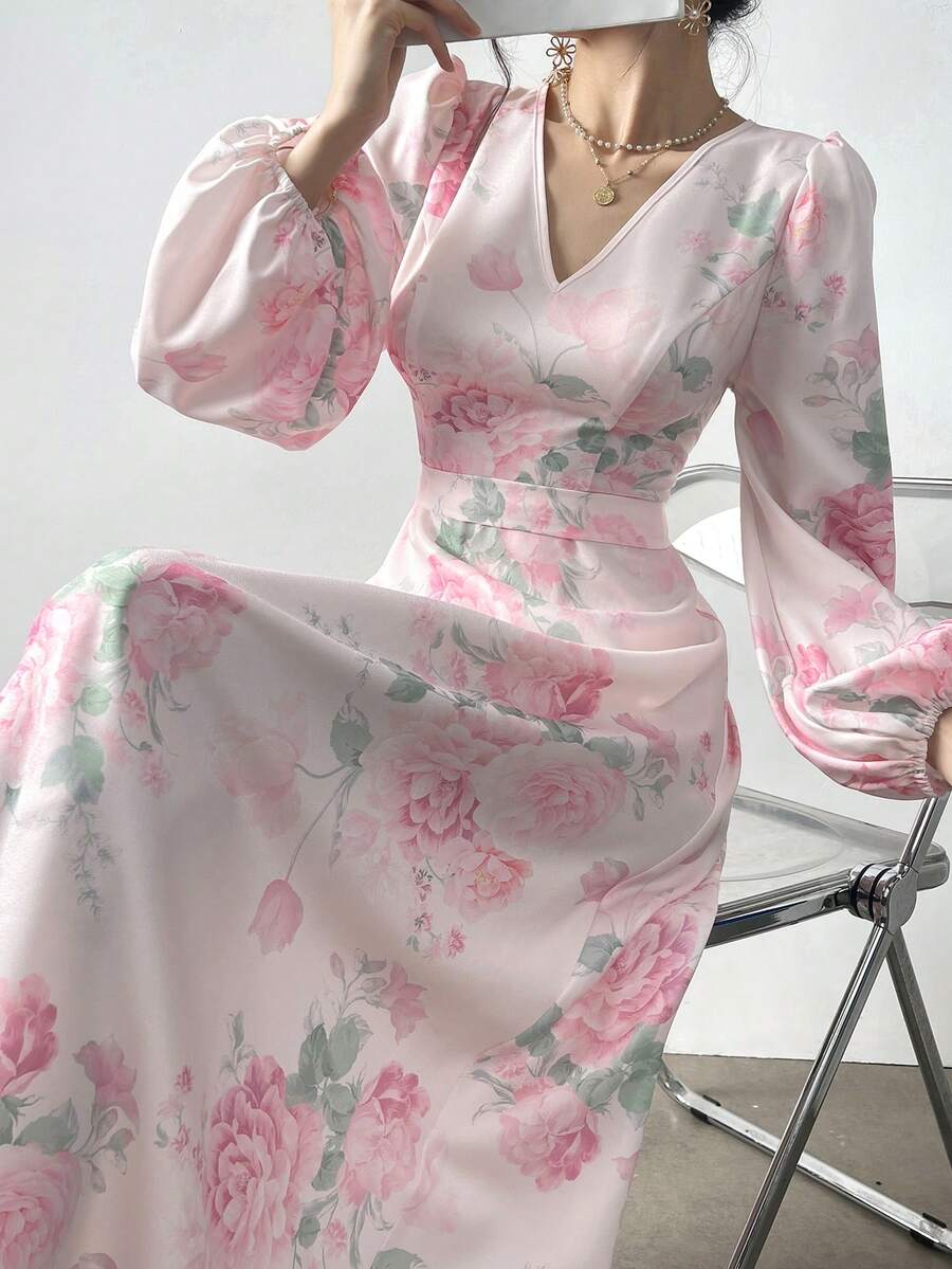 Women's Floral Print V-Neck Lantern Sleeve Elegant Dress - Pink - View 1