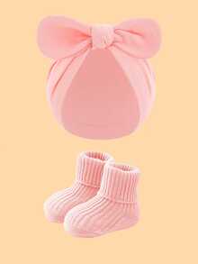 2件套婴儿柔软蝴蝶结印花头巾帽+针织袜套装，舒适发带帽，可爱时尚，适合0-6个月宝宝四季佩戴，是绝佳的生日礼物。 - 彩色 - 查看 11