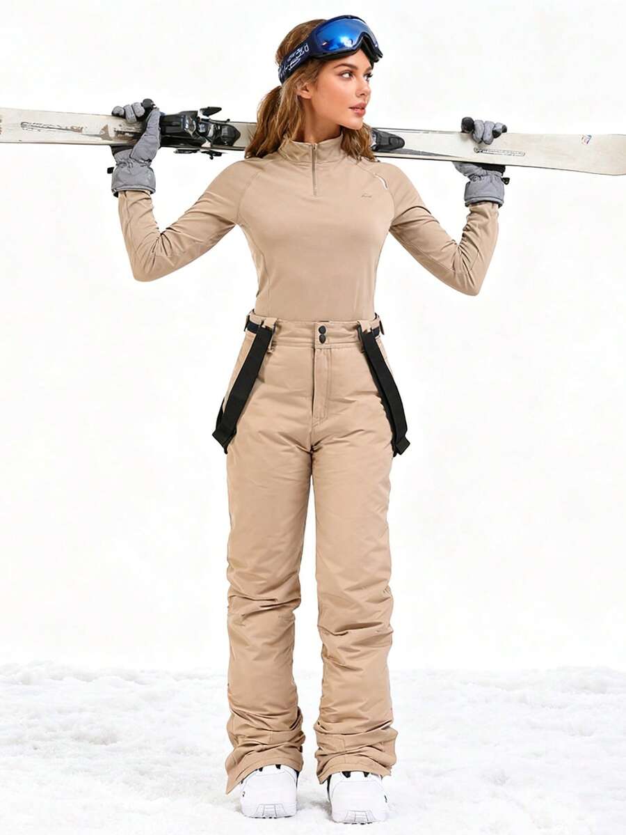 Women's Insulated Ski Pants Set, Men's Winter Ski Pants With Detachable Suspenders, Suitable For Outdoor Activities, Skiing Equipment, Warm Clothing, Sports Style Pants, Reinforced Structure, Functional Snow Suspenders, Durable Snow Gear, Thick, Breathable Ski Wear - Màu Khaki - Xem 1