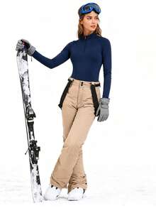 Women's Insulated Ski Pants Set, Men's Winter Ski Pants With Detachable Suspenders, Suitable For Outdoor Activities, Skiing Equipment, Warm Clothing, Sports Style Pants, Reinforced Structure, Functional Snow Suspenders, Durable Snow Gear, Thick, Breathable Ski Wear - Màu Khaki - Xem 5