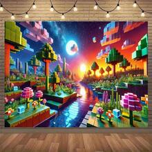 2D Flat 1pc Pixel World Dawn Theme Party Banner - Retro Video Game Design, Block Trees And Mushroom Patterns, Vibrant Mixed Colors, Durable Polyester Material For Indoor/Outdoor Family Celebrations, Room And Garden Decor, Multi-Purpose Festival Background, Pixel Style Sunset Silhouette Design - 1PCS - View 6