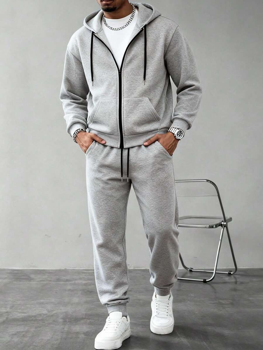 2pcs/Set Men Casual Drawstring Hoodie And Sweatpants, Men's Sportswear Set, Men's Zip-Up Hoodie And Sweatpants Set, Unisex Loose Fit Streetwear Hoodie Set, Suitable For Autumn/Winter - Màu Xám nhạt - Xem 1