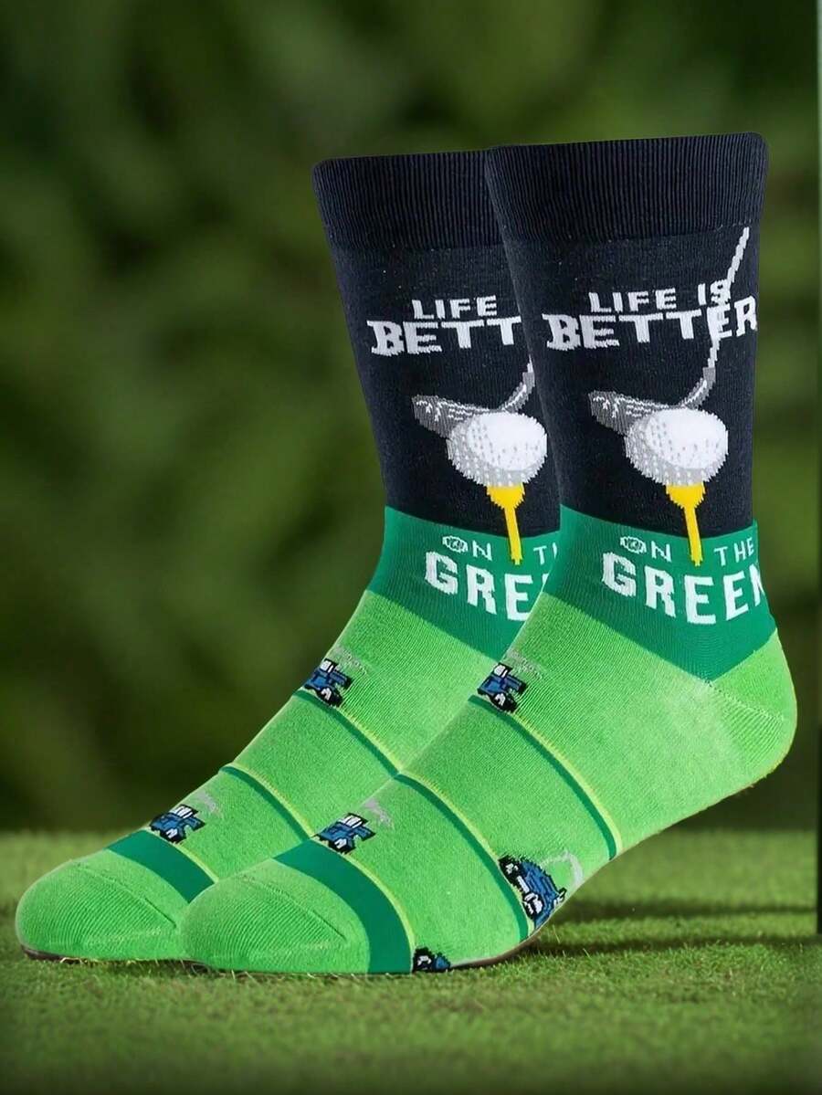 1双男士高尔夫主题过膝袜 - 弹性舒适，印有趣味高尔夫球车和“Life Is Better On The Green”（生活更美好，尽在绿茵场）字样 - 高尔夫爱好者新奇礼物，高尔夫配件，男女皆宜 - 彩色 - 查看 1