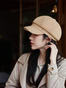 Beretă elegantă la modă unică pentru femei, culoare simplă, cu stea cu patru colțuri și pălărie de vânzător de ziare - Accesorii clasice coreene de înaltă calitate, material moale și prietenos cu pielea, cu detalii decorative rafinate cu stea cu patru colțuri, protecție solară, față subțire, depozitare convenabilă, confortabilă și versatilă, purtare zilnică - MM1049 - Vizualizare 3