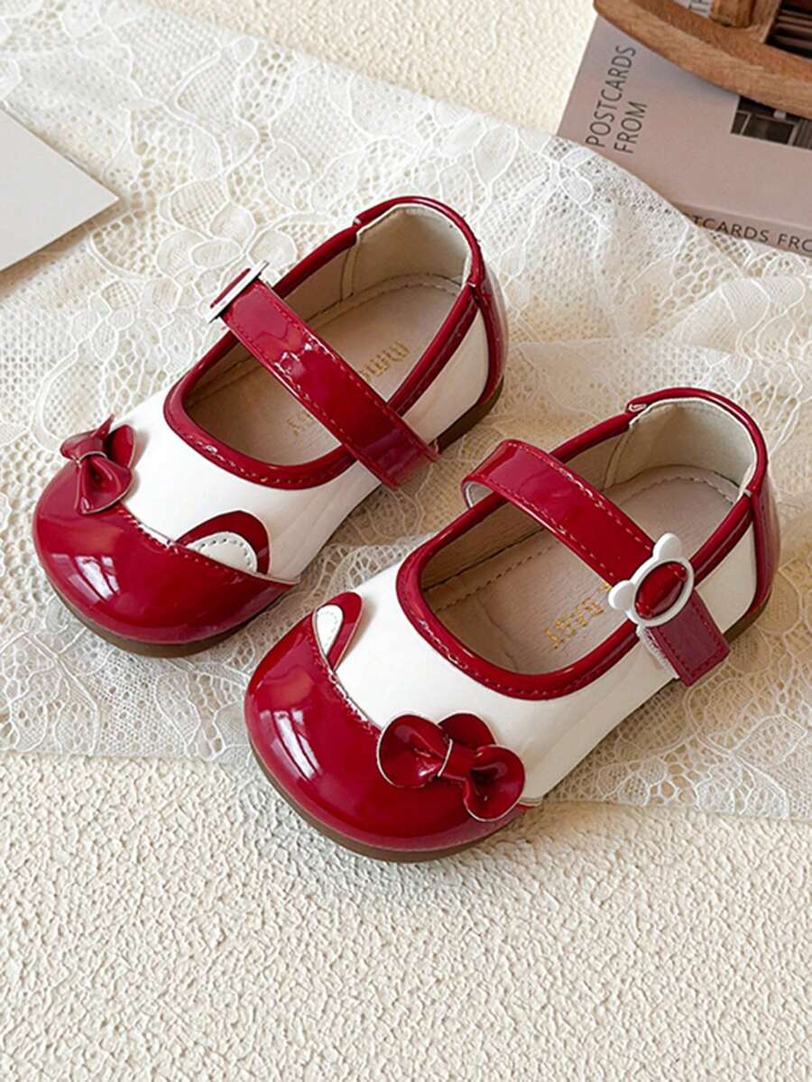 婴儿休闲简约平底鞋，轻便舒适，蝴蝶结装饰女童鞋 - 紅色 - 查看 1