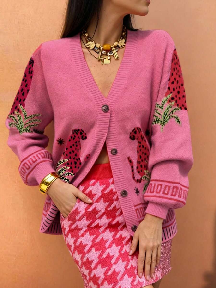 海星秋冬女士时尚休闲通勤草坪帽，豹纹提花长袖圆领琥珀色纽扣针织开衫，修身毛衣，秋季乡村音乐节，红色情人节/中国新年粉色 - 粉色 - 查看 1